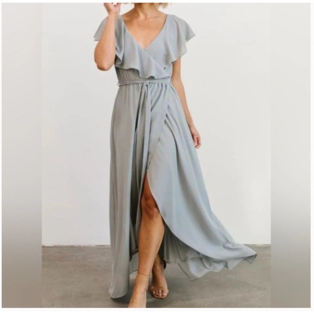 Baltic Born Katya Maxi Dress Women S Blue Ruffle V-Neck Flutter Sleeve NWT